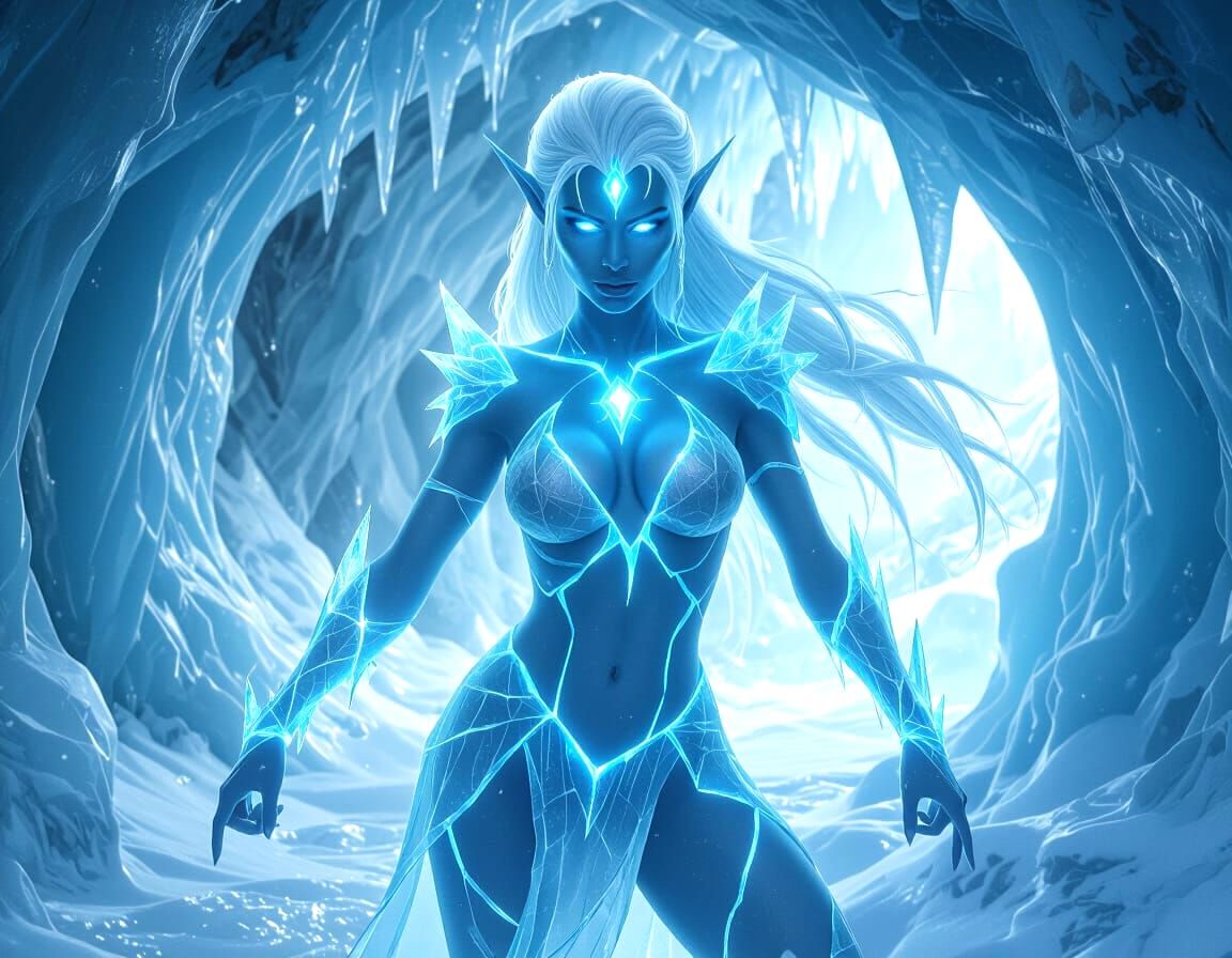 Ice Elemental Genie in Frozen Cave Digital Painting