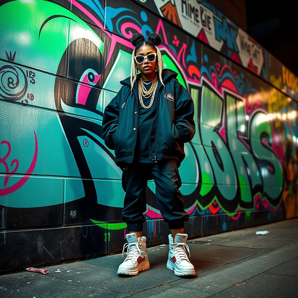 Hip Hop Girl in Neon Graffiti Street Art