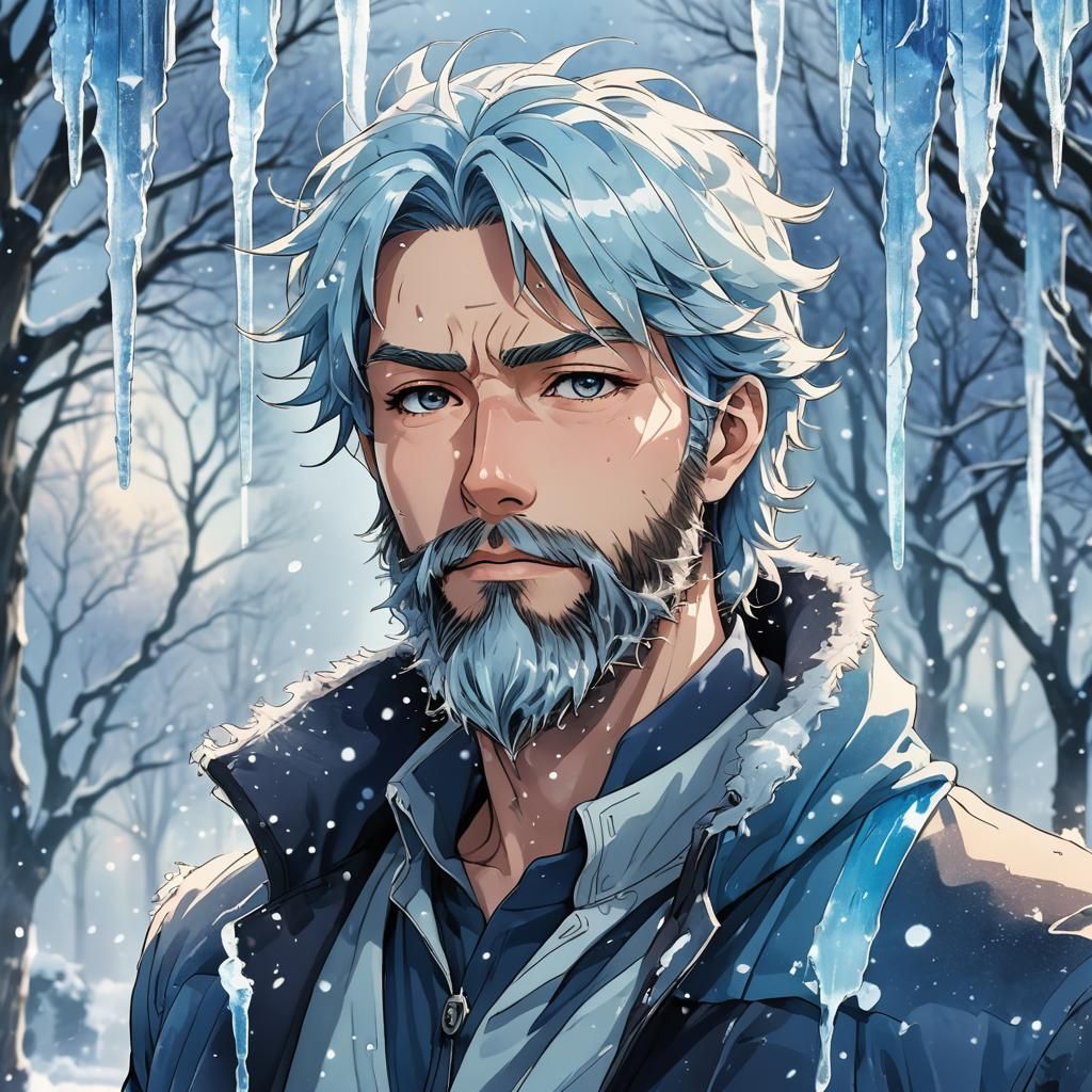 Icy Anime Portrait: Icicle Beard in Watercolor Style