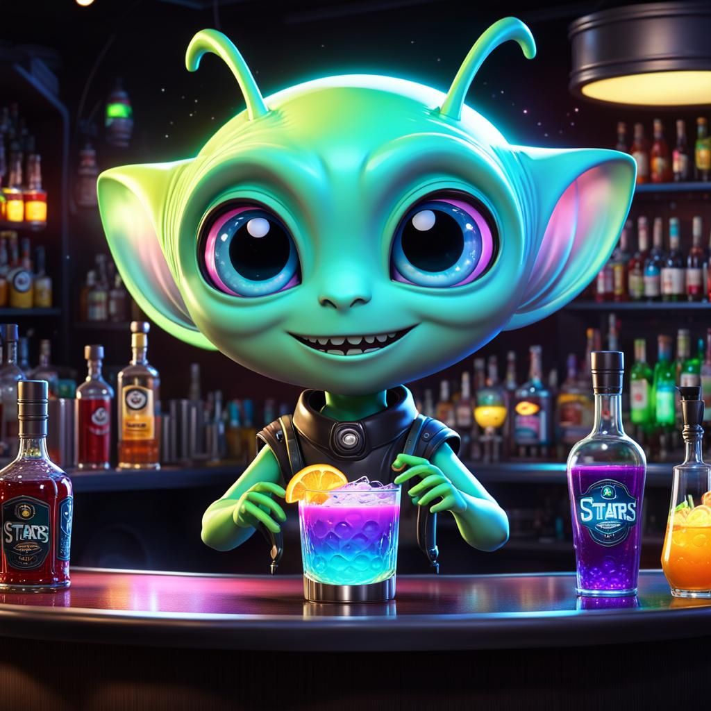 Cute Chibi Alien Bartender in Sci-Fi Dreamscape