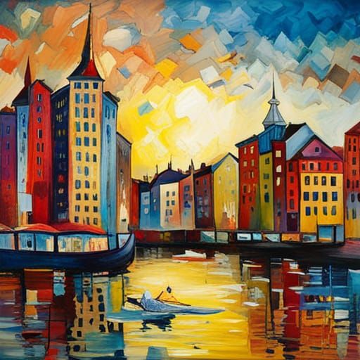 Girl and Cat Under Istanbul Stars: Impressionist Mixed Media