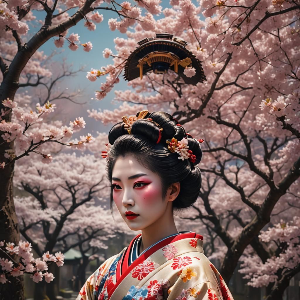 Geisha in Cherry Blossoms: Hyperrealistic Japanese Portrait