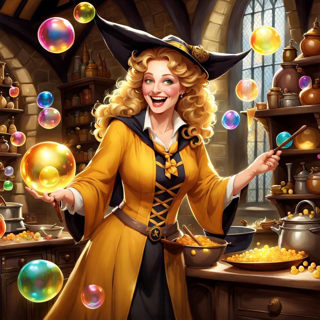 Helga Hufflepuff in a Whimsical Hogwarts Kitchen