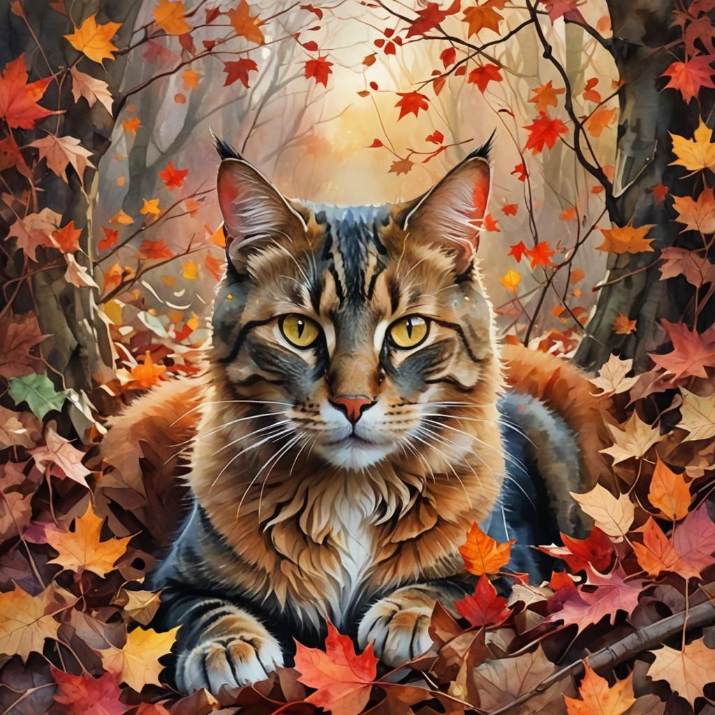 Mystical Autumn Cat Spirit in Watercolor Style