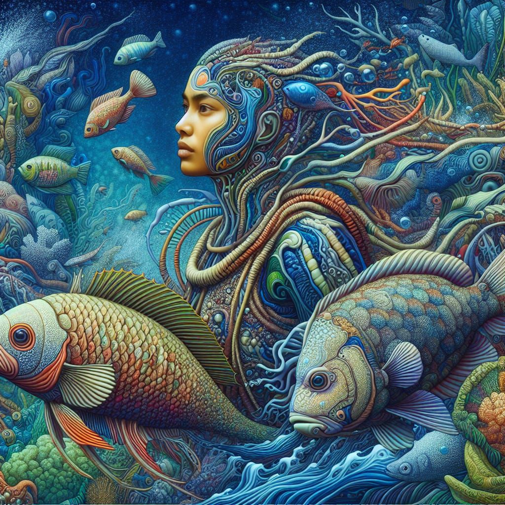 Surreal Underwater Metamorphosis: Woman Becomes Fish