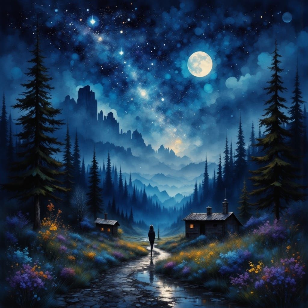 Mystical Forest Path Under Starry Night Sky