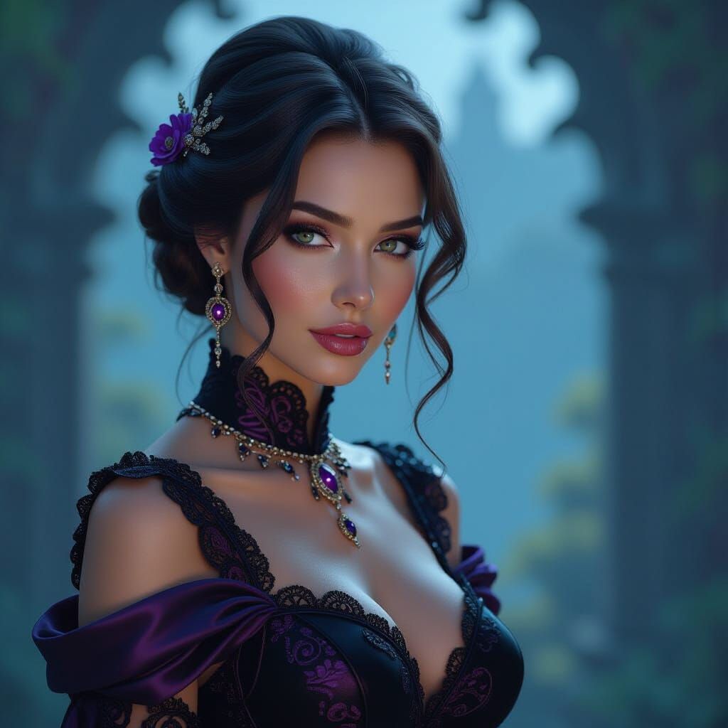 beautiful woman dressed in Black & Purple