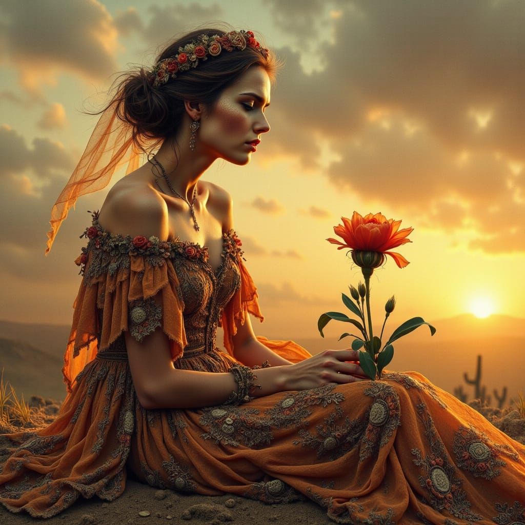 Ethereal Desert Siren in Fiery Sunset