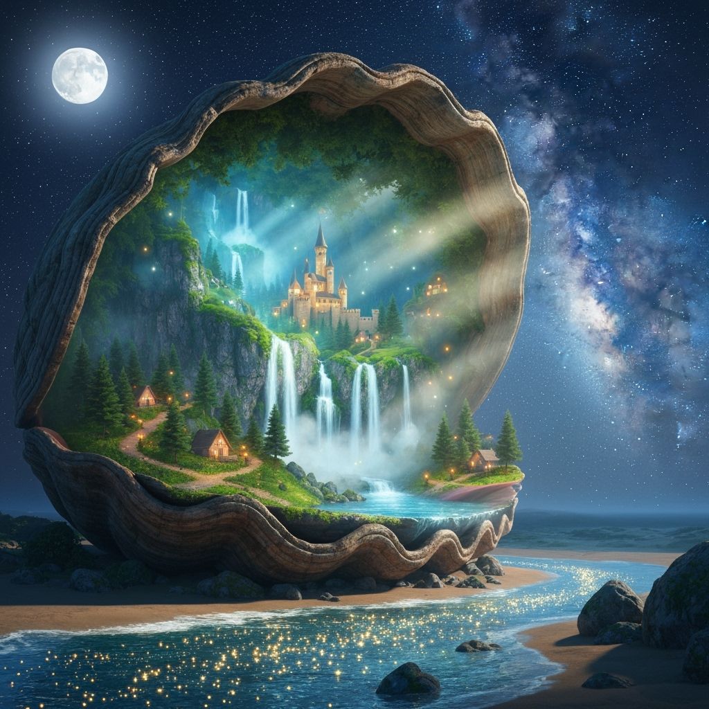 Magical Seashell Reveals Enchanted Valley Under Starry Sky
