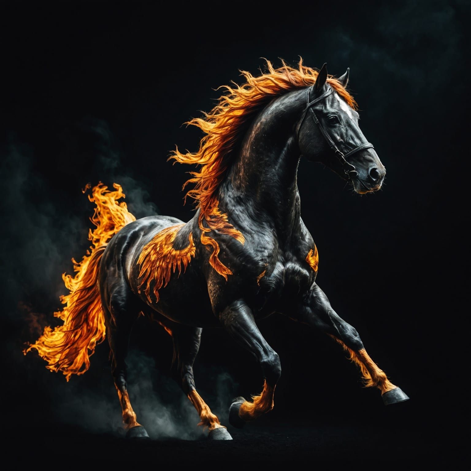 Fiery Winged Stallion on Black: Cinematic Film Still