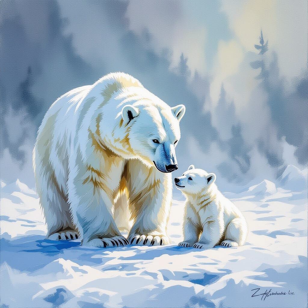 Polar Bear Family on Icy Tundra in Gouache Style