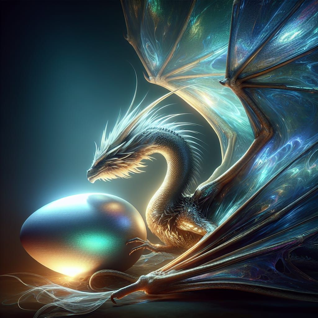 Iridescent Dragon Guards Shimmering Egg