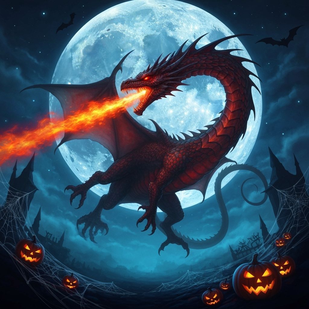 Intricately Detailed Dragon Breathes Fire on Halloween Night