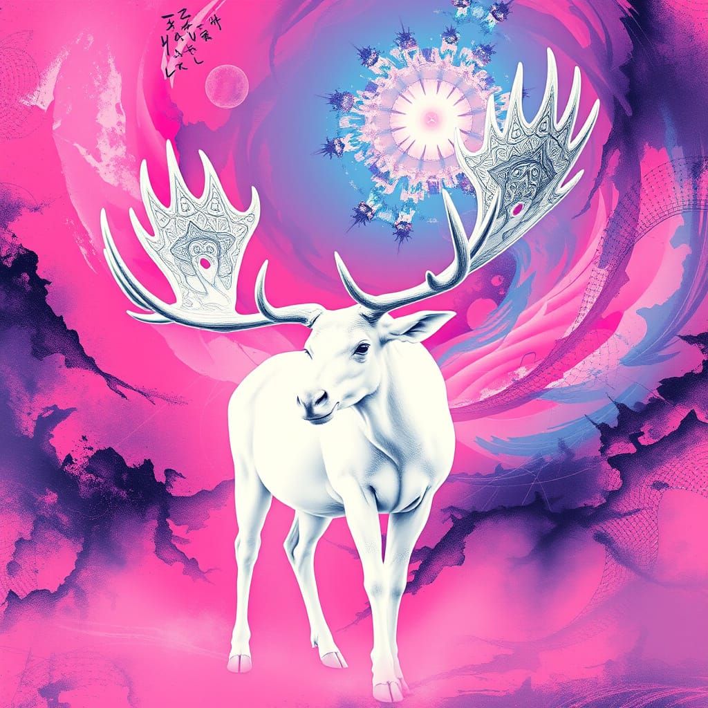 White Moose in Kaleidoscopic Vortex, Fractal Antlers