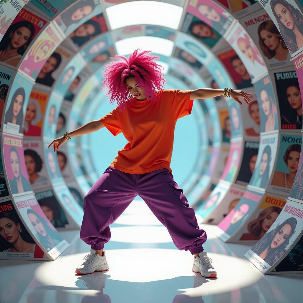 Pink-Haired Dancer in Magazine Cover Space