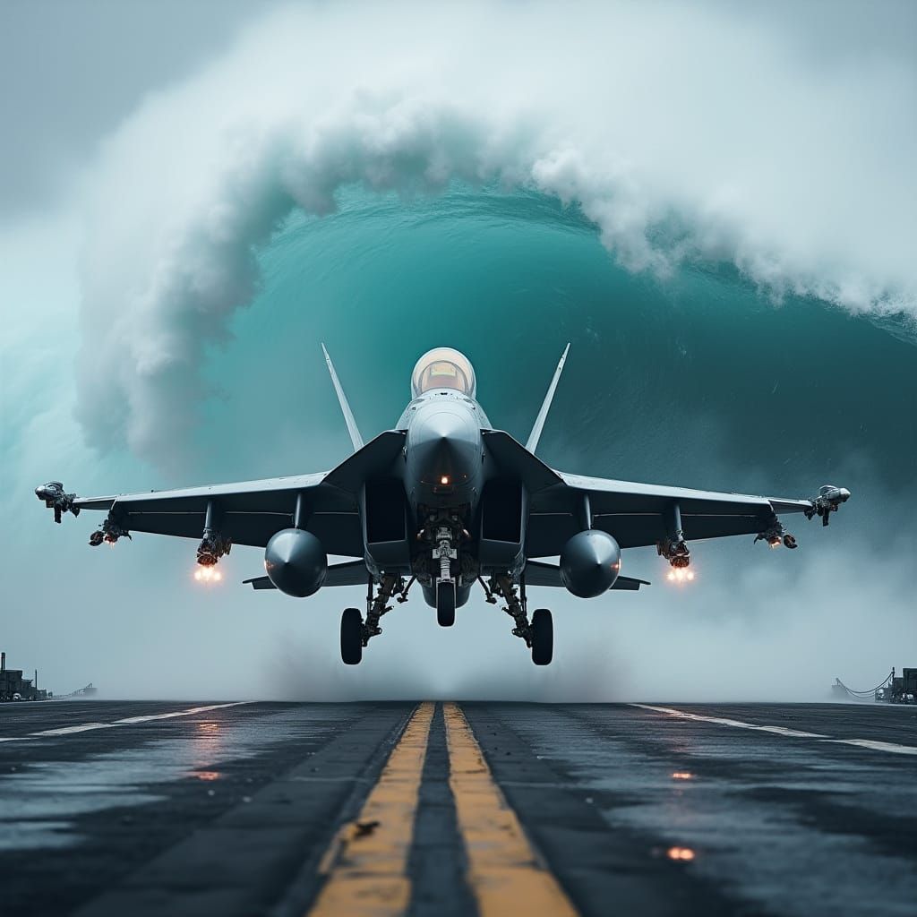 F/A-18 Hornet Takes Flight Amid Turbulent Tsunami