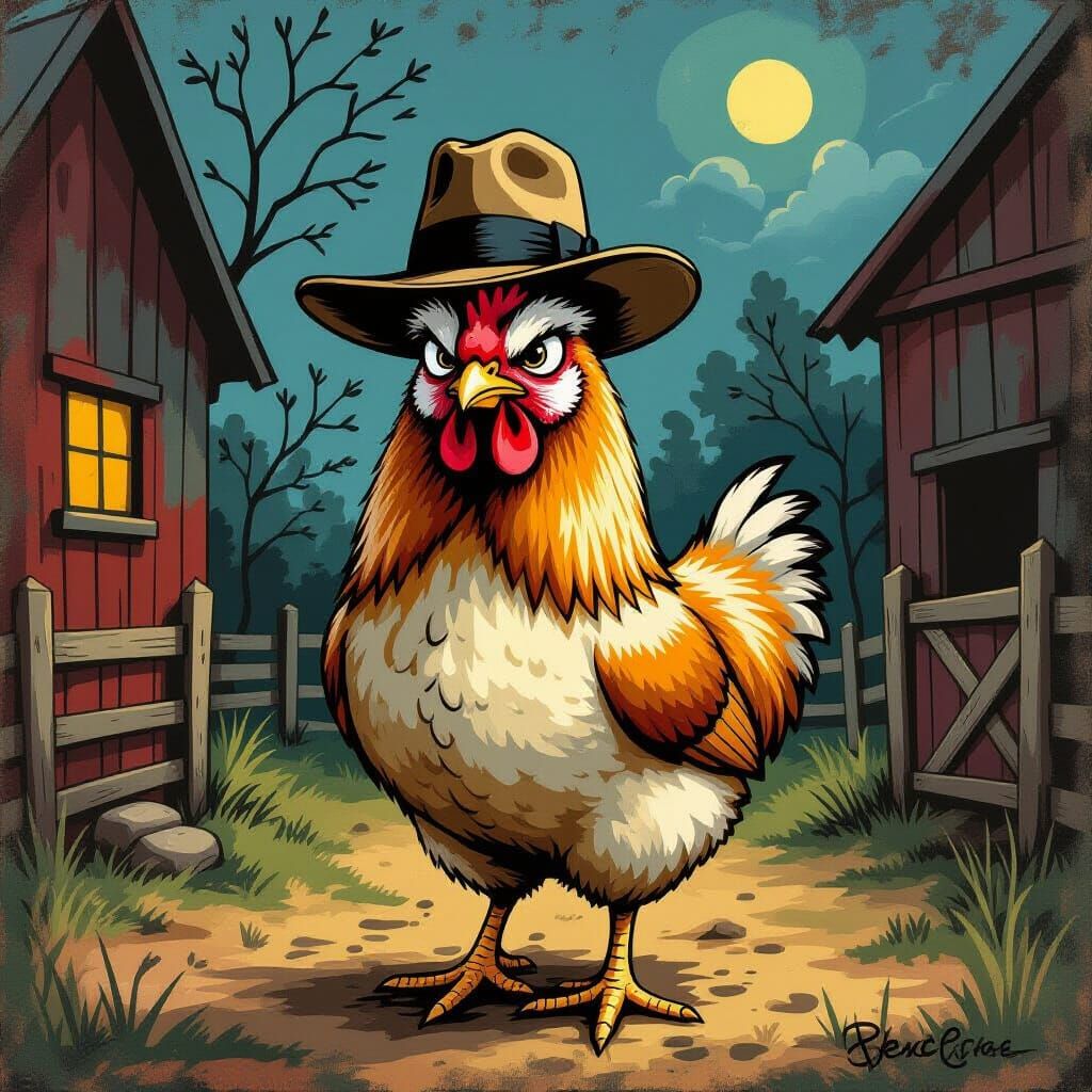 Grumpy Fedora Chicken in Whimsical Illustration Style