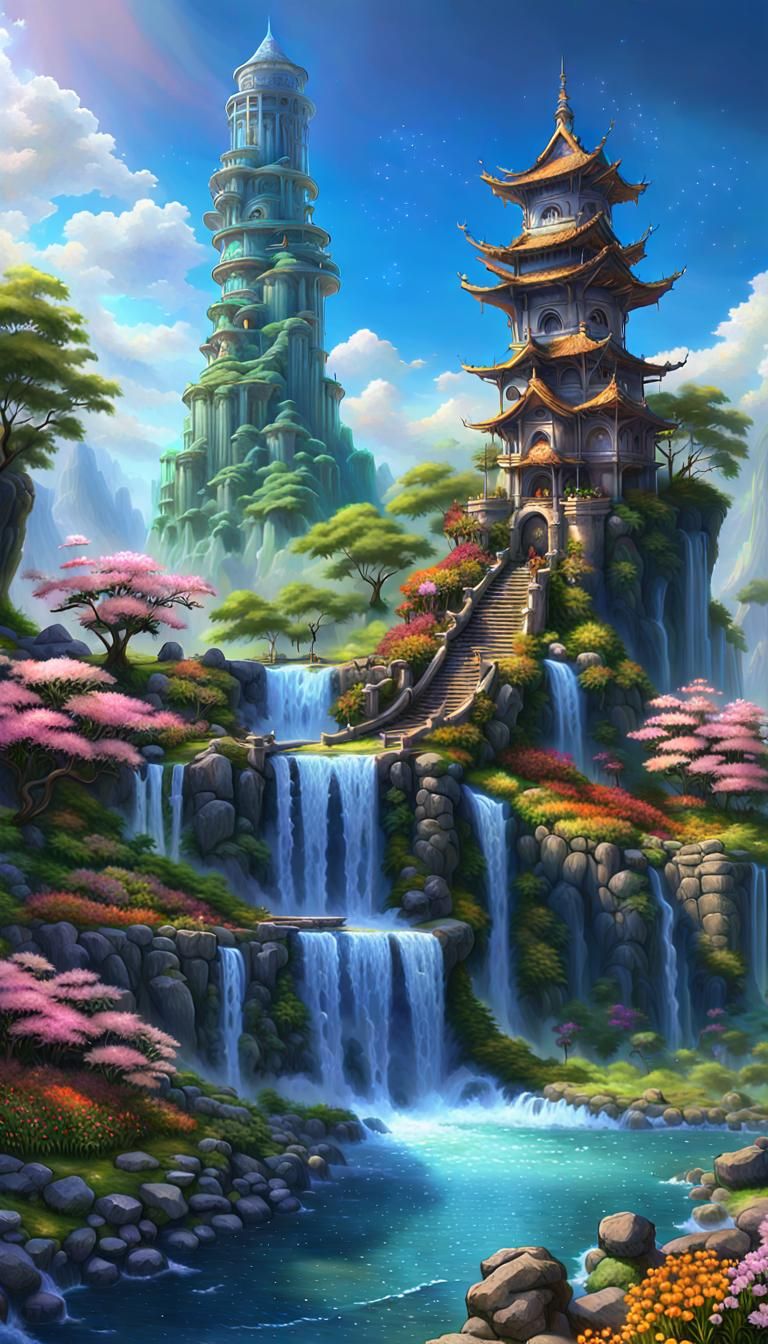 Wide waterfall with a mystic Asian fantasy starcraft tower o...