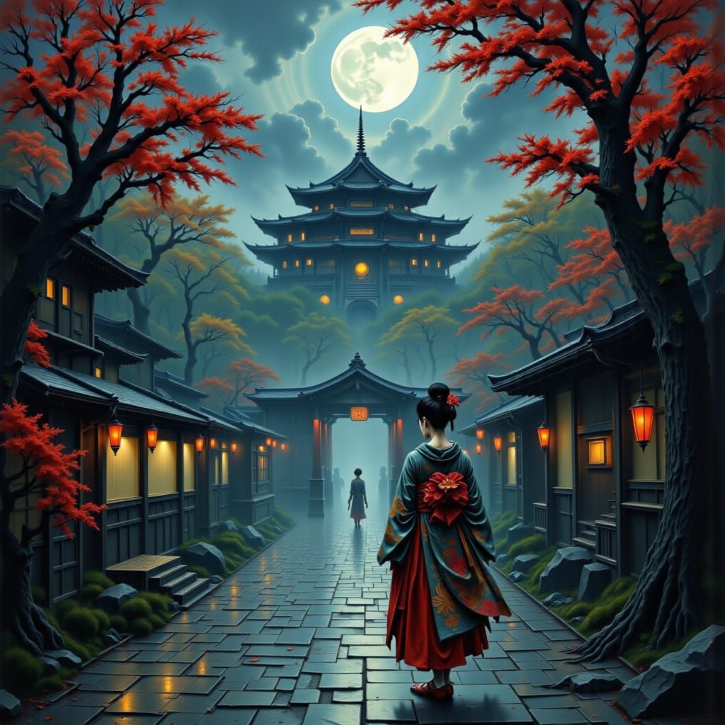 Geisha in Ancient Temple, Moody Atmosphere