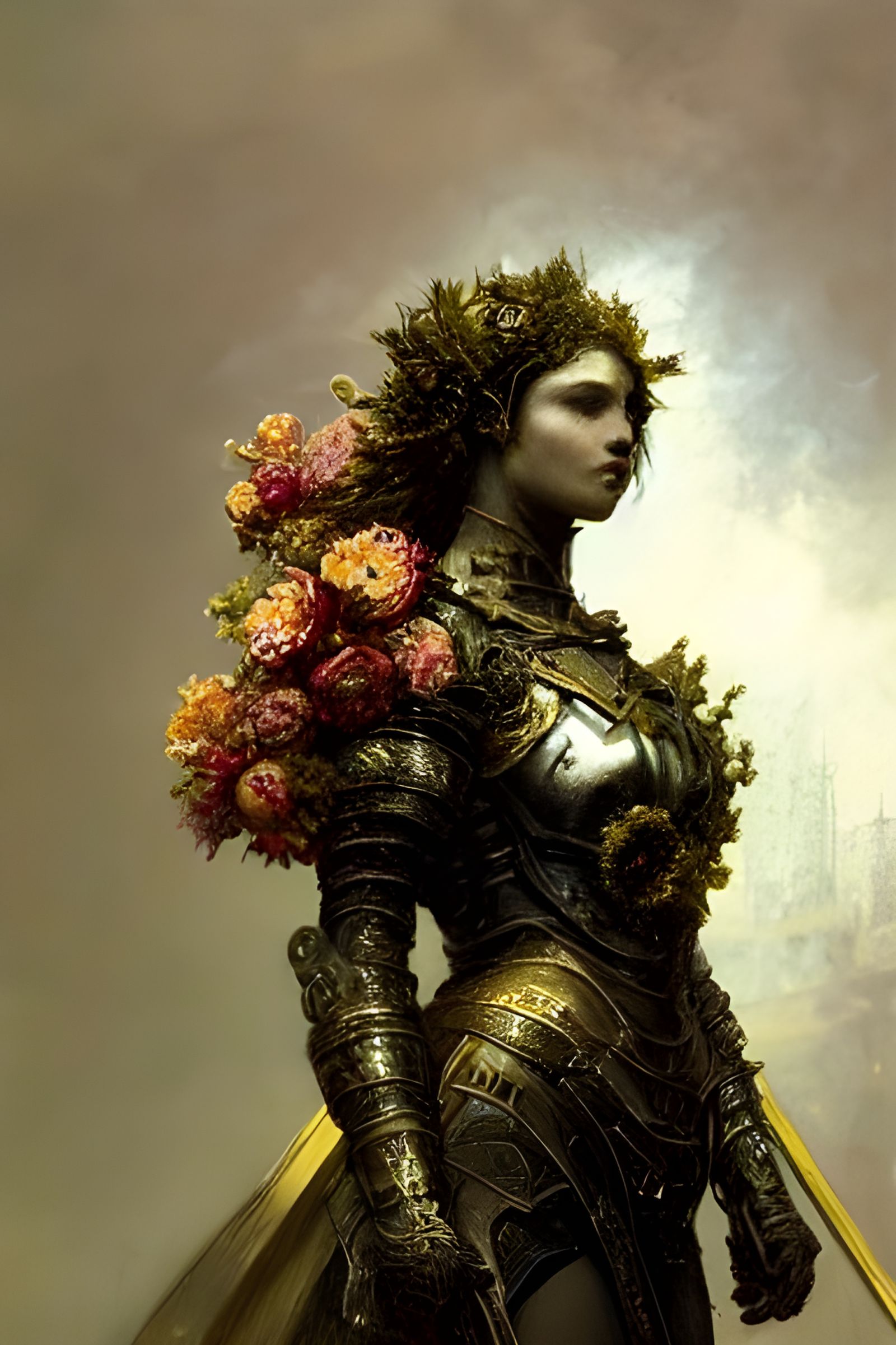 Floral Armored Woman in Gold Light, Digital Art