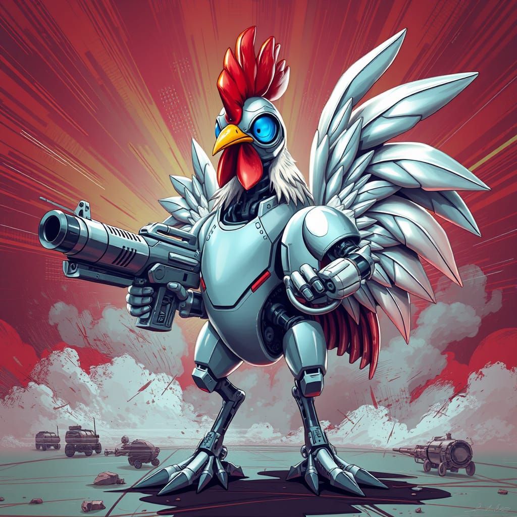 Heroic Robot Chicken Wields Futuristic Machinegun