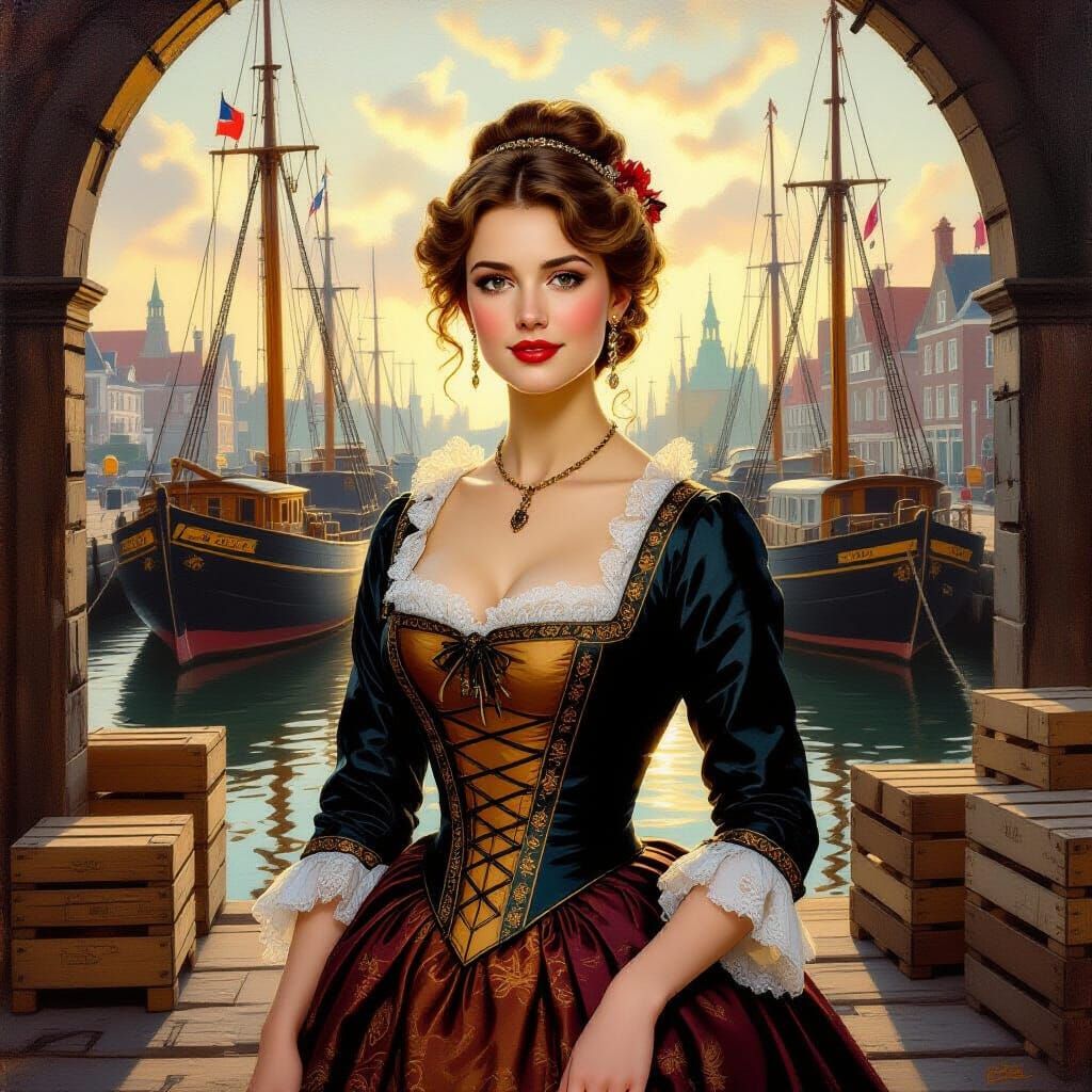 Dutch Lady in Dockyard: Vibrant Oil Painting