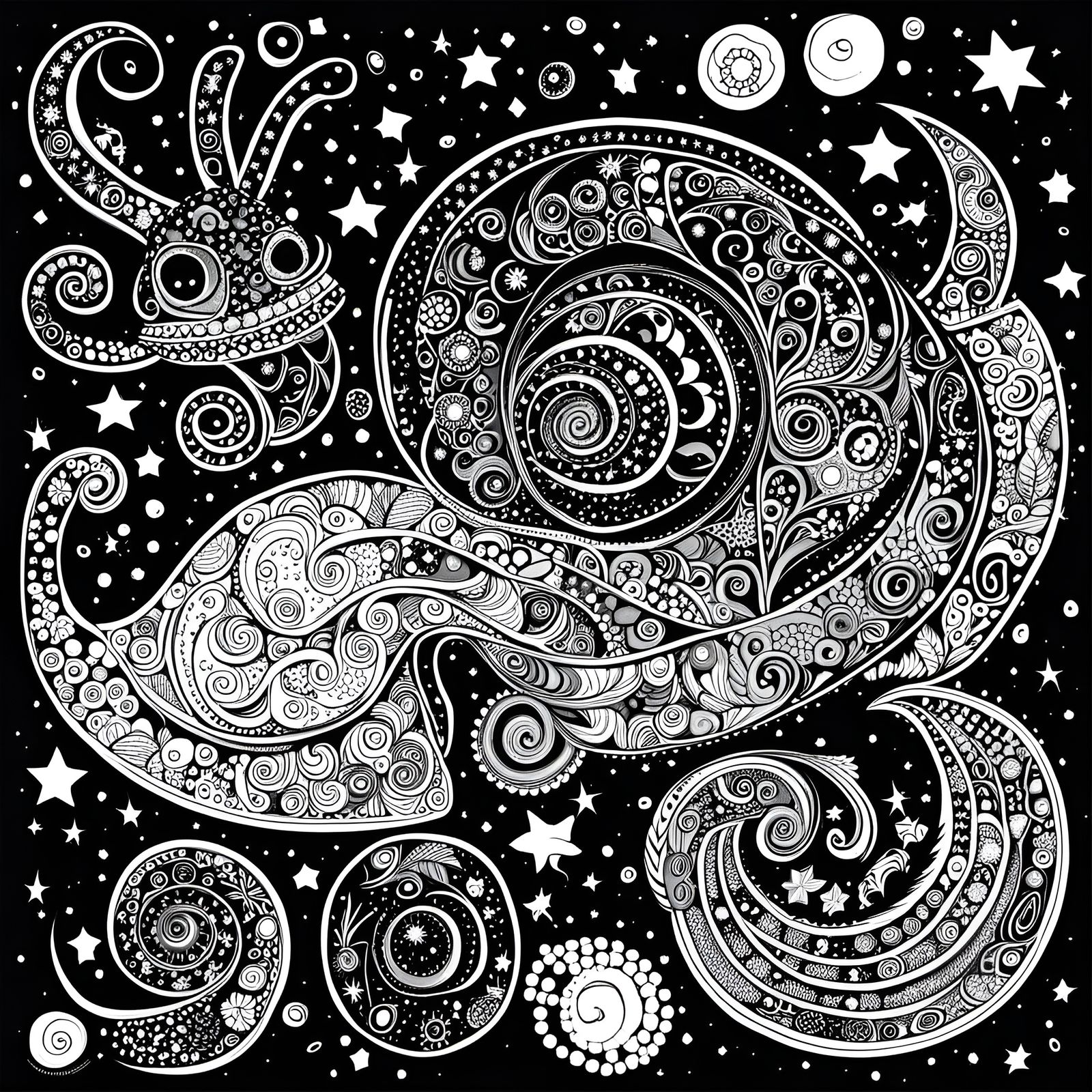 Stylized Snail in Starry Sky: Fineliner Illustration