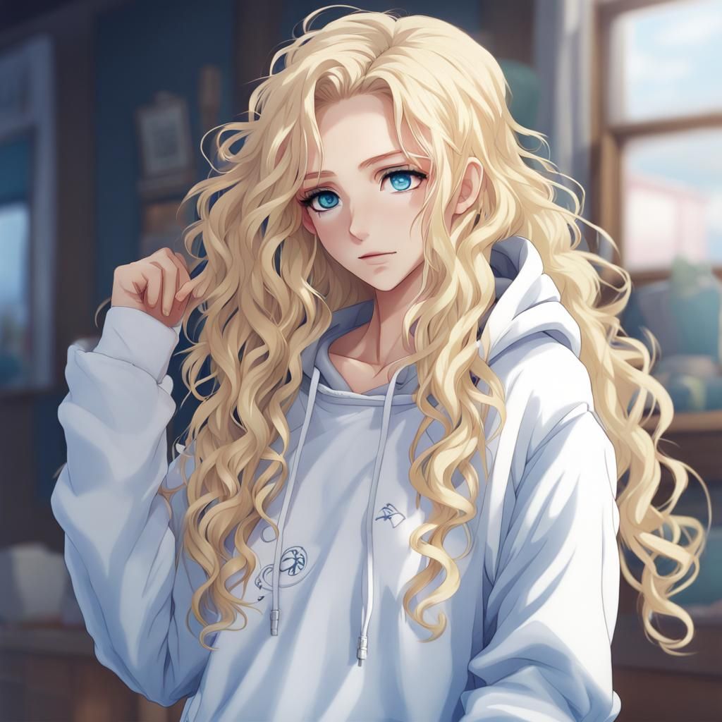 Anime Girl with Blonde Hair in White Hoodie