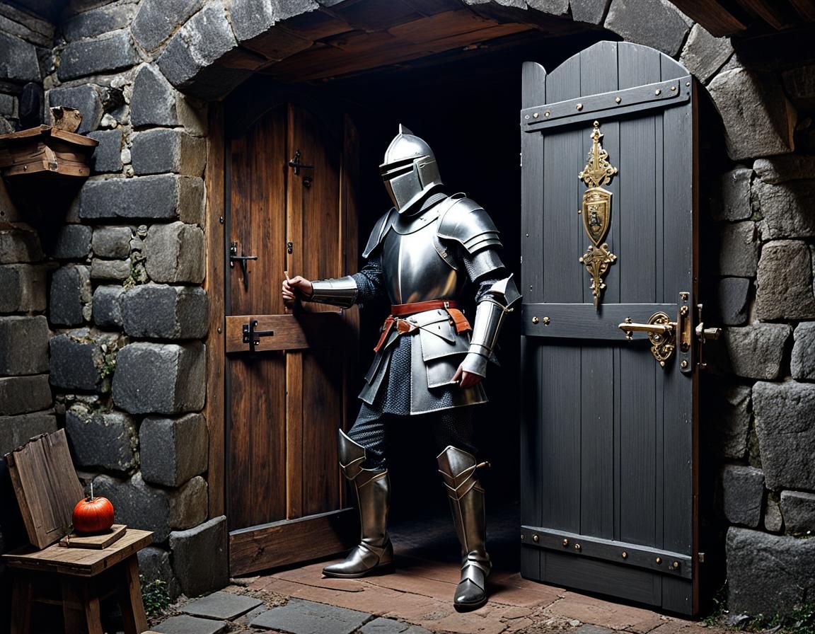 a medieval knight, opening a wooden door in a basement of th...