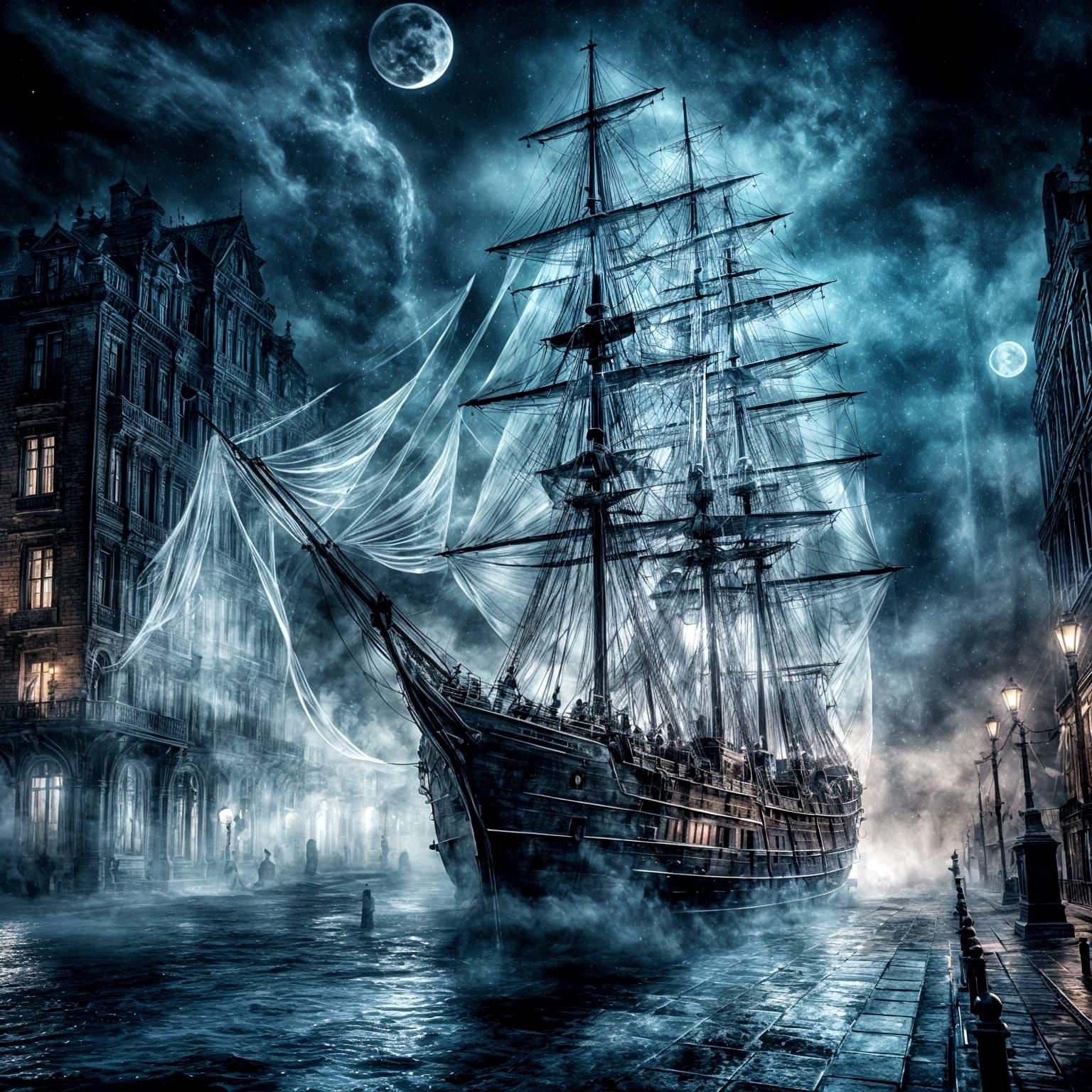 Ghostly Tall Ship Sailing Through Starry Night