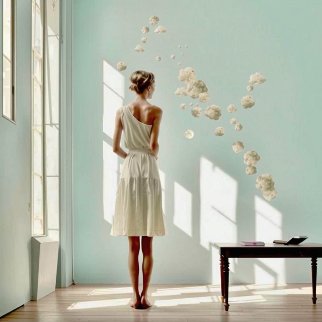 Surreal Woman Contemplates Ethereal Clouds in Window Light