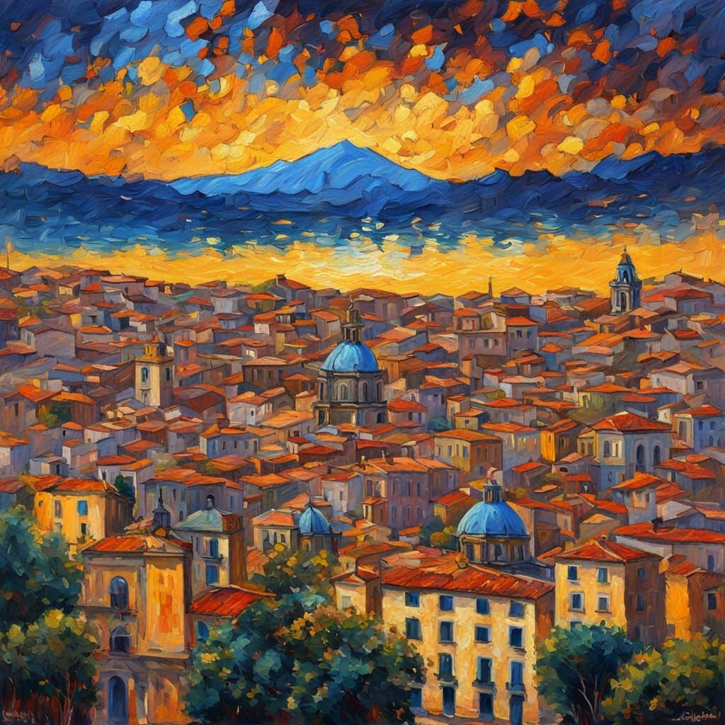 Catania Cityscape in Expressive Neo-Impressionist Oil Painti...