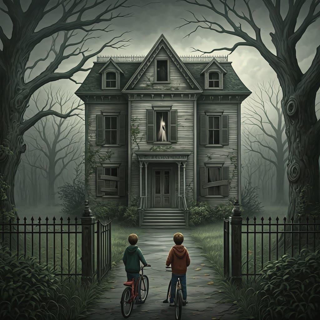 Eerie Victorian House with Boys in Autumn