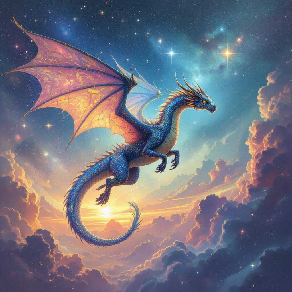 Iridescent Dragon Soaring Through Nebula Sky