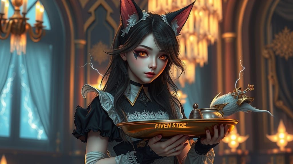 Thunder Elemental Maid in Neon-Lit Mansion