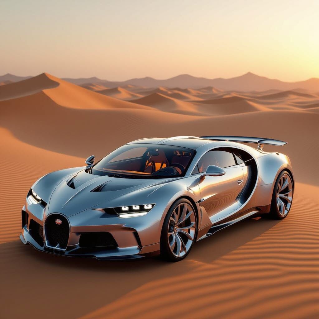 Futuristic Silver Bugatti Hypercar Echoing Desert Dunes