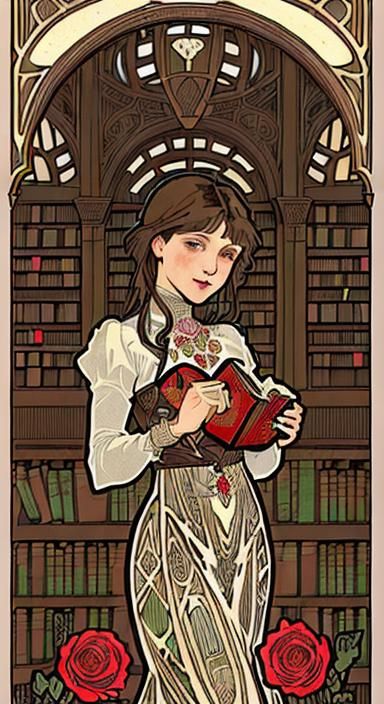 Valentine's Day Library in Art Nouveau Woodcut Style