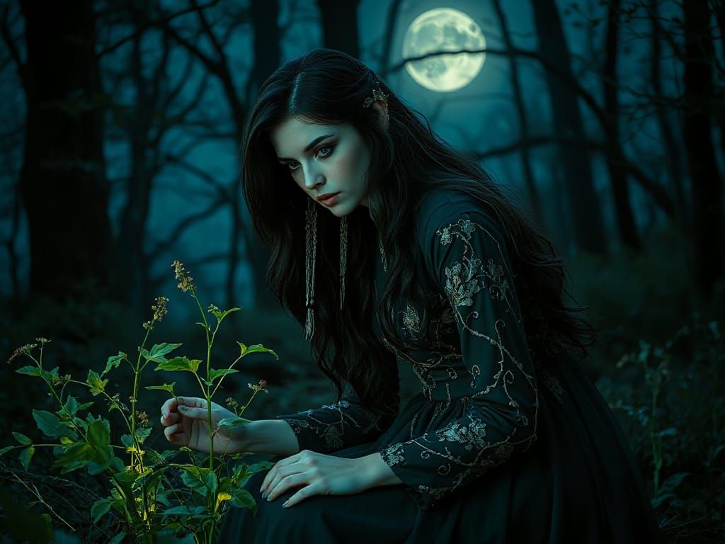Gothic Woman Tending Glowing Herbs in Moonlit Forest