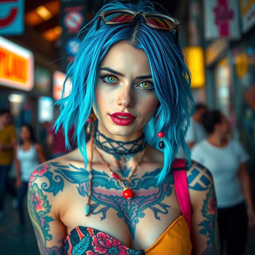 Vibrant Tattooed Woman with Blue Hair in Urban Scene