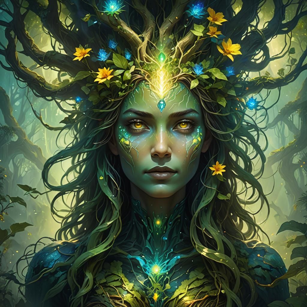 Lush Mother Earth with Intense Gaze in Fantasy Art