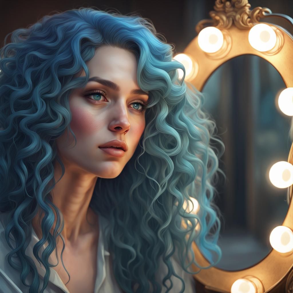 Dreamy Blue-Haired Woman: Hyperdetailed Digital Portrait