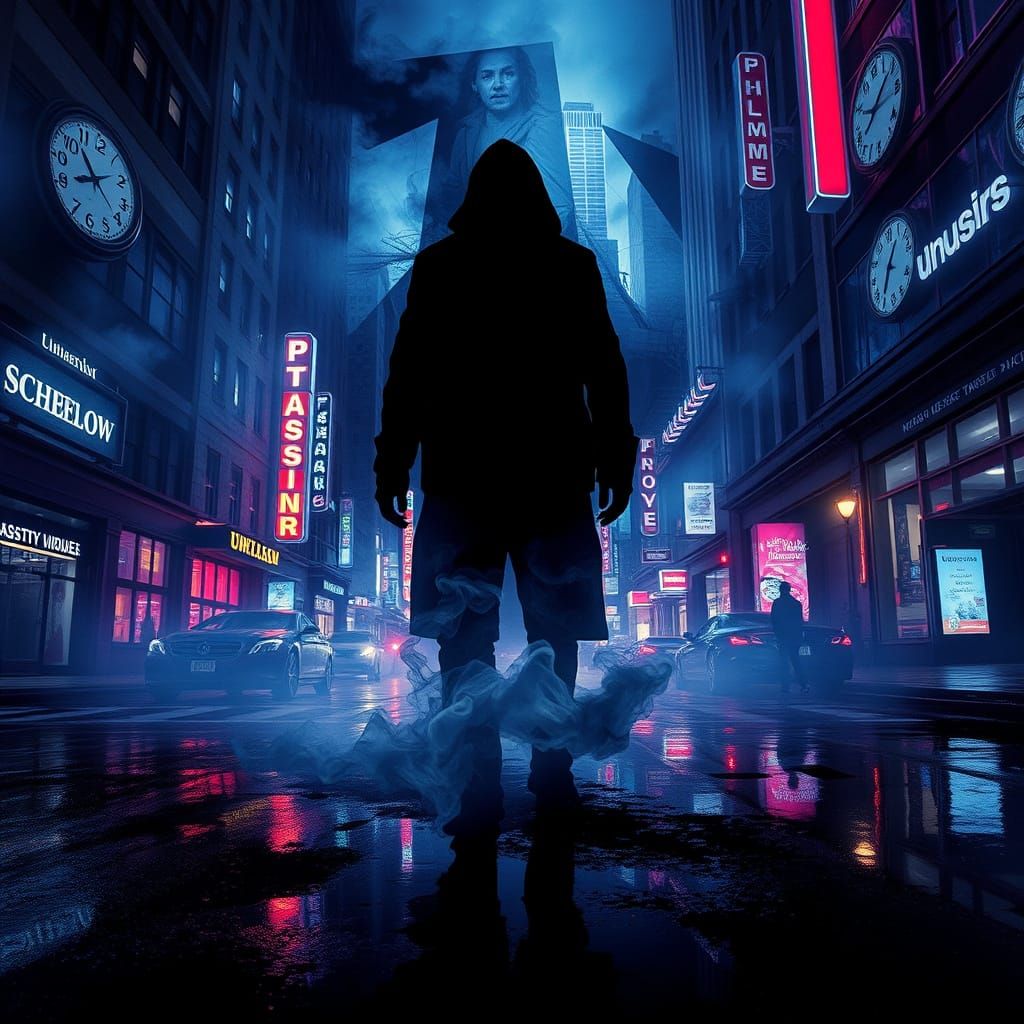 Surreal Thriller Movie Poster: Smoke Figure Amidst Melting C...