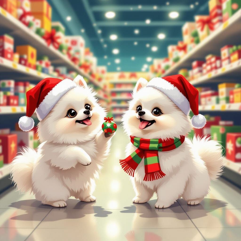 Pomeranians Christmas Shopping at Walmart in Whimsical Style