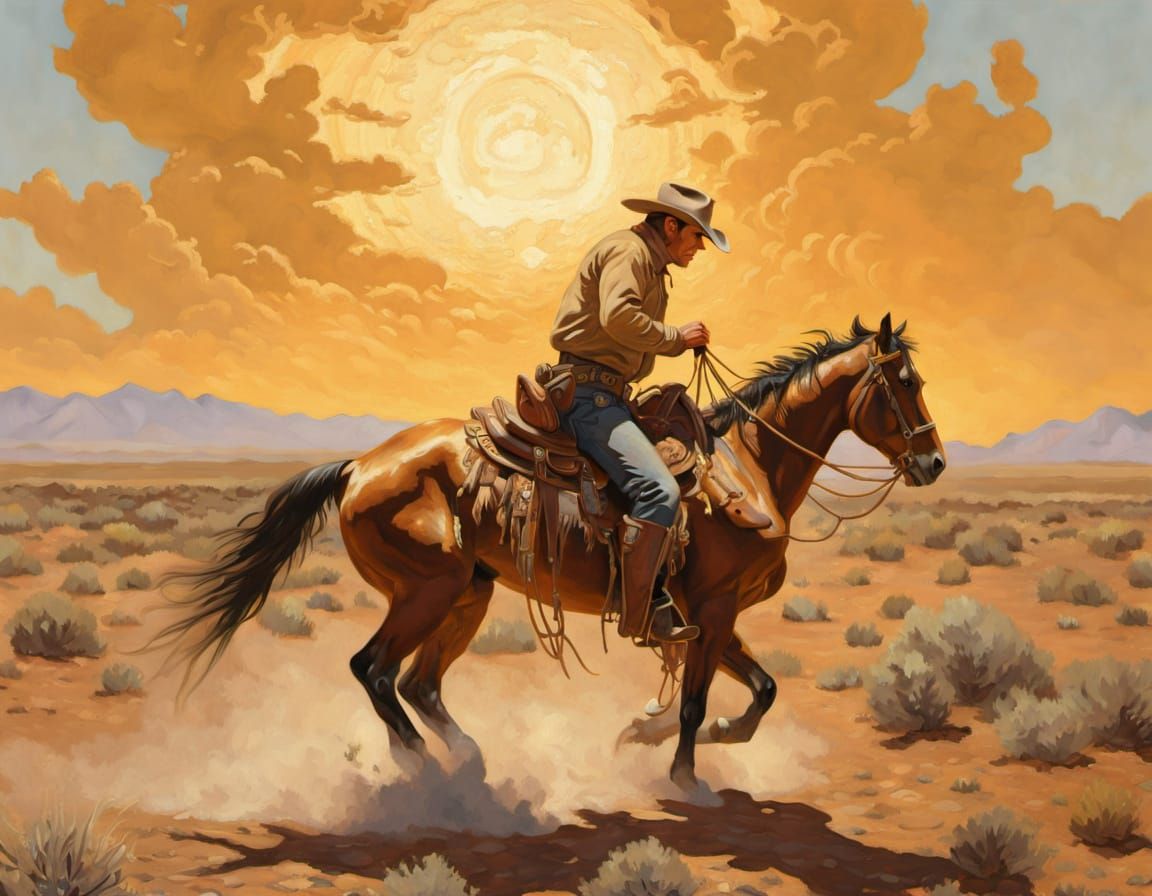 Cowboy on Horseback in Remington Style Oil Painting