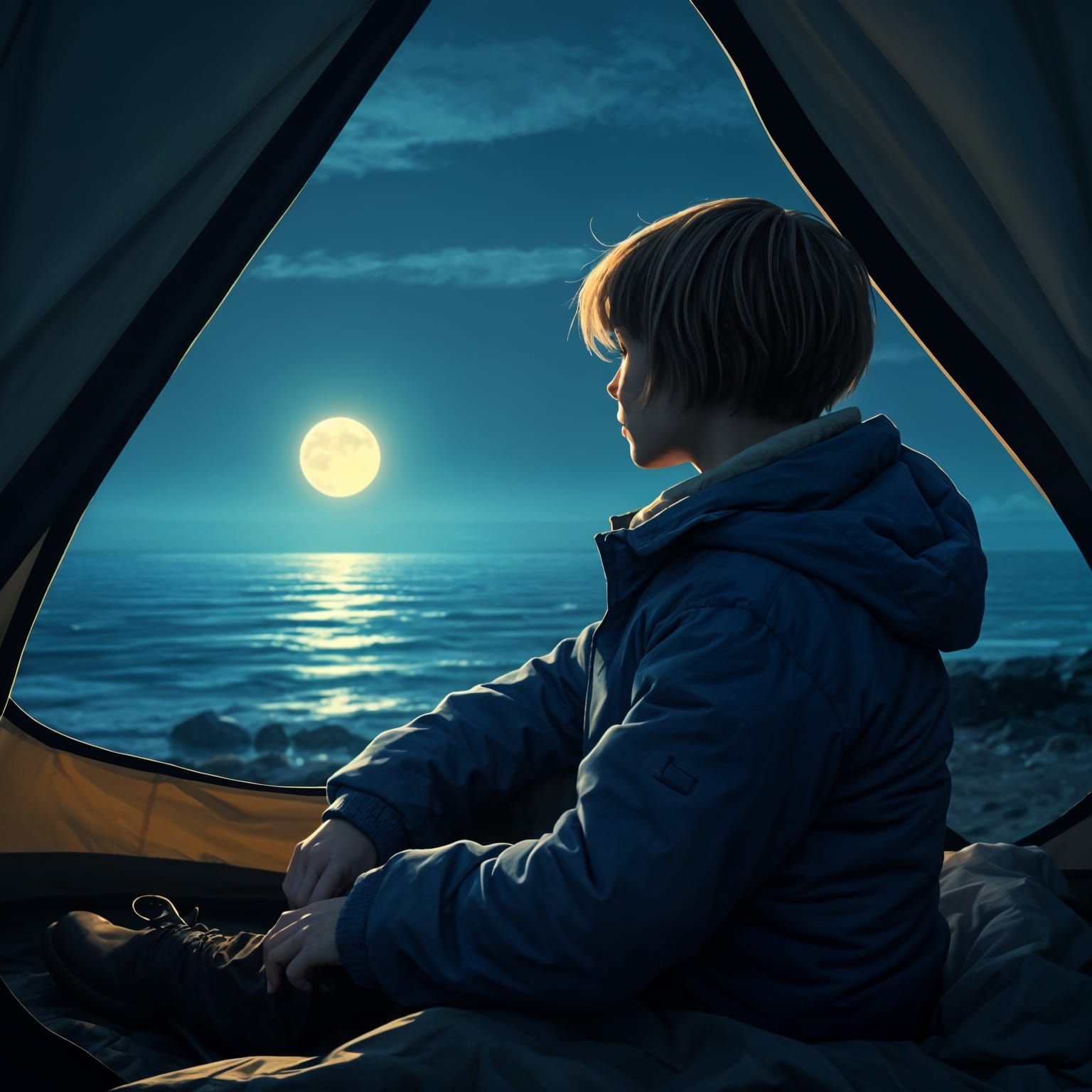 Girl Camping Under Full Moon, Realistic Art