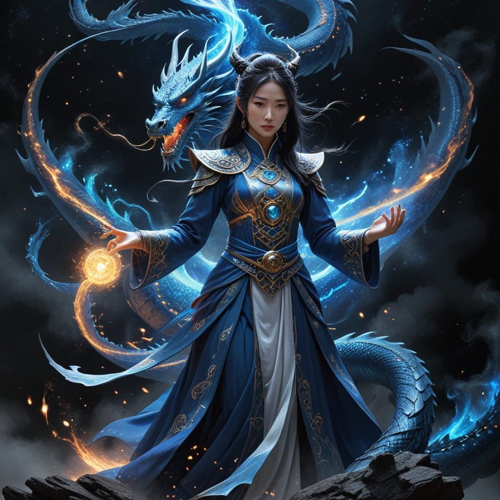 Mysterious dragon priestess summoning cosmic power on a wuxia book cover
