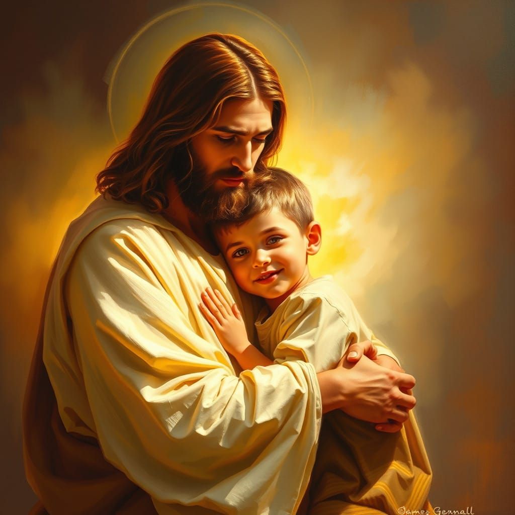Jesus with a Boy in Warm Golden Light