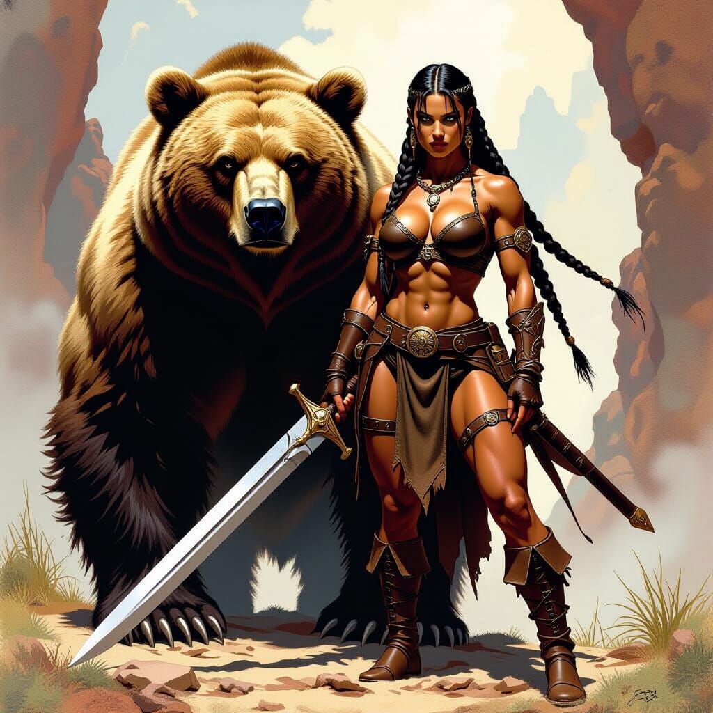 Amazon Warrior with Bear Companion in Fantastical Landscape