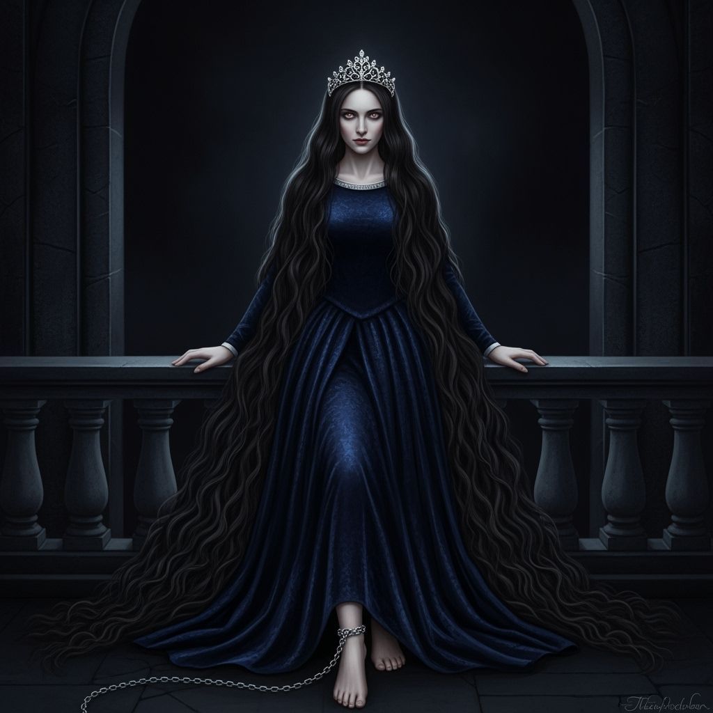 Crowned Woman at Balcony Edge in Velvet Gown