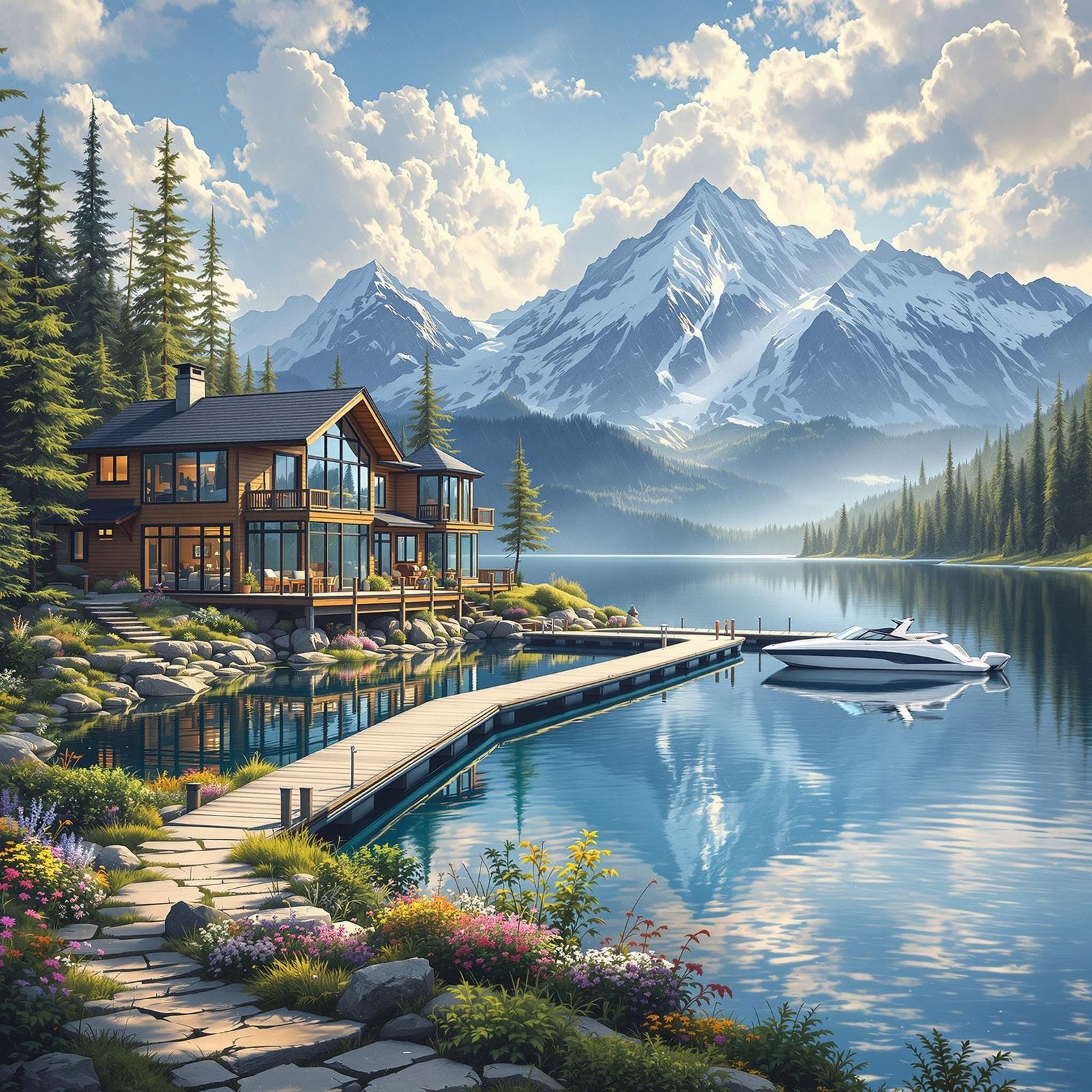 Serene Lakeside Retreat in Warm Realist Style